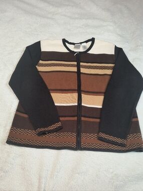Emma James Liz Claiborne Striped Zip Up Cardigan Sweater Women's Large Brown
